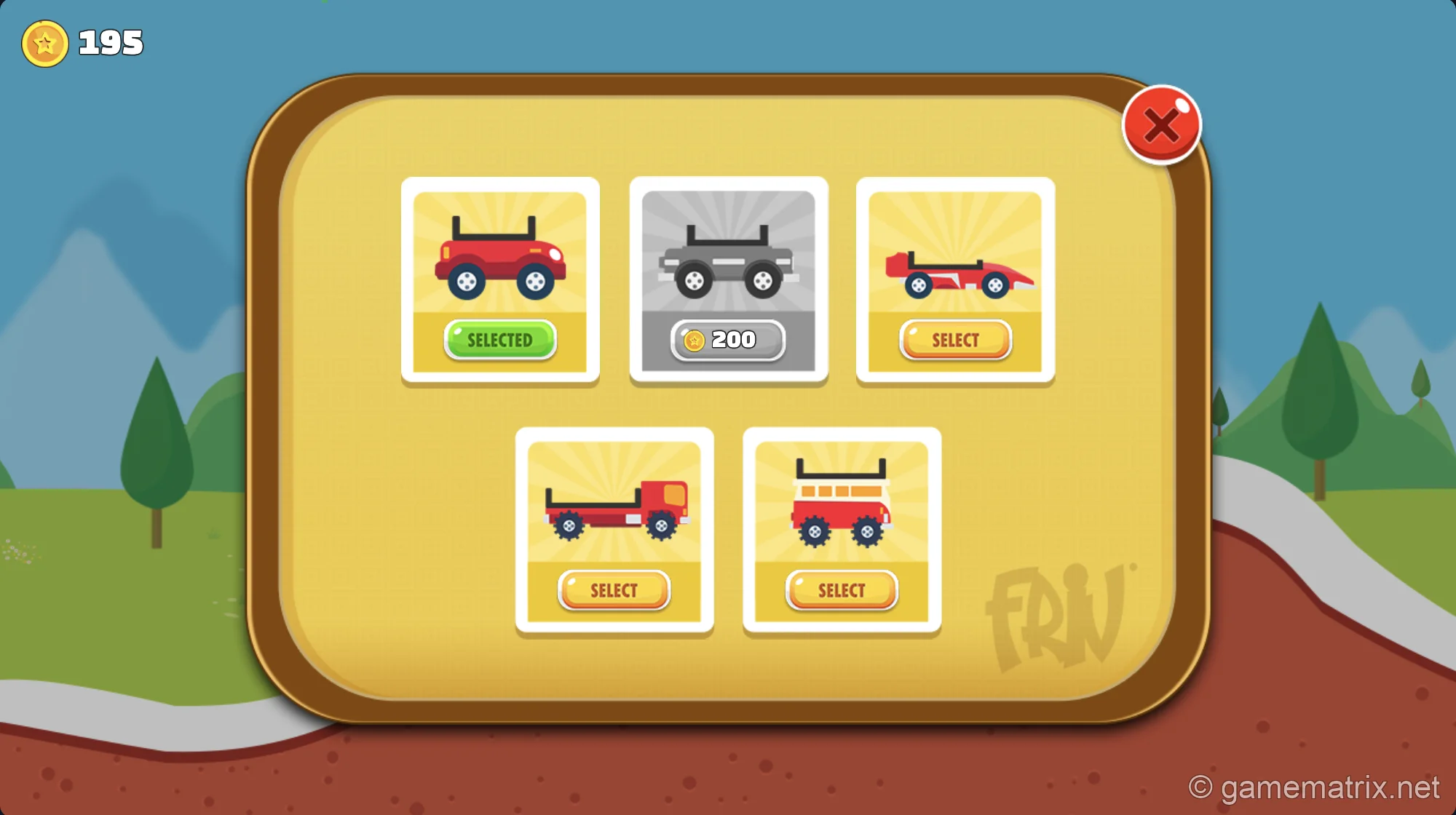 Eggy Car vehicle selection screen showing 5 unlockable cars with 4 currently available