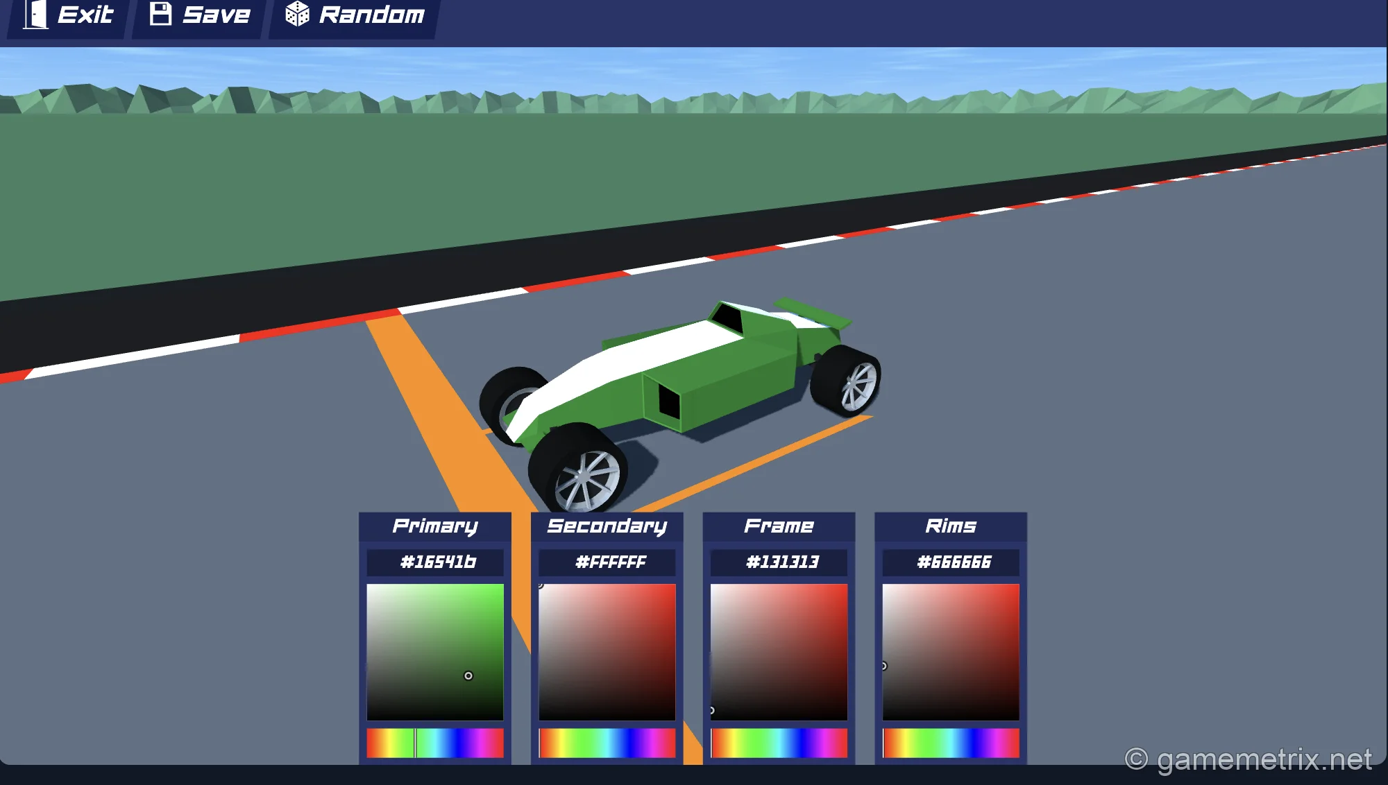 The car customization menu in PolyTrack, showing different color options for the car's body and details. The 'Randomize' button is highlighted.