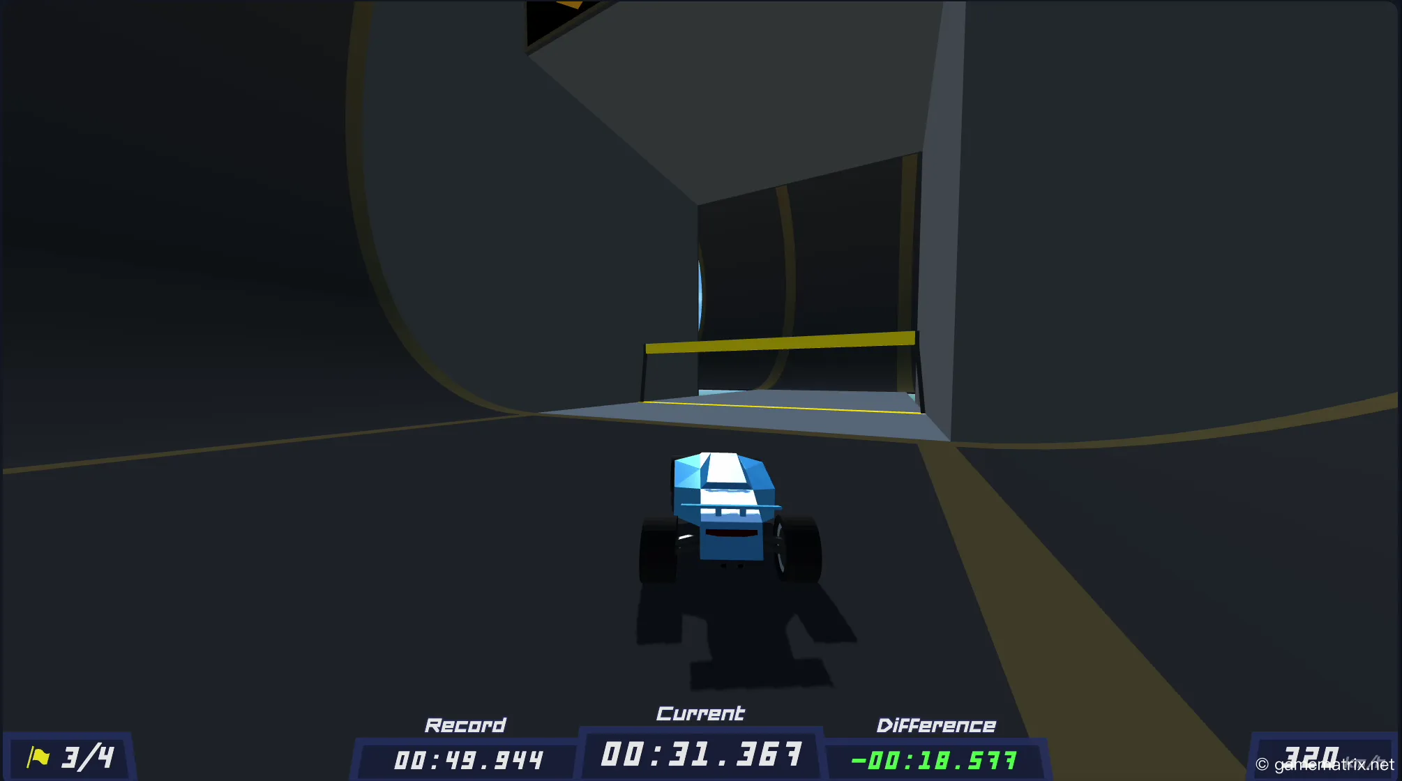 Animation showing a car crashing and instantly resetting to the last checkpoint after the player presses the R key in PolyTrack.
