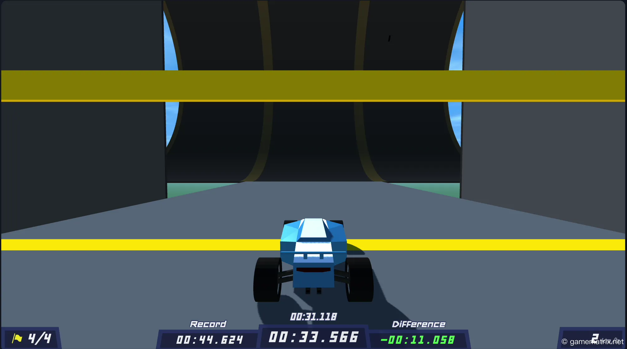 Gameplay animation showing how to find the hidden finish line on the Summer 7 track by taking a specific path during a vertical drop.