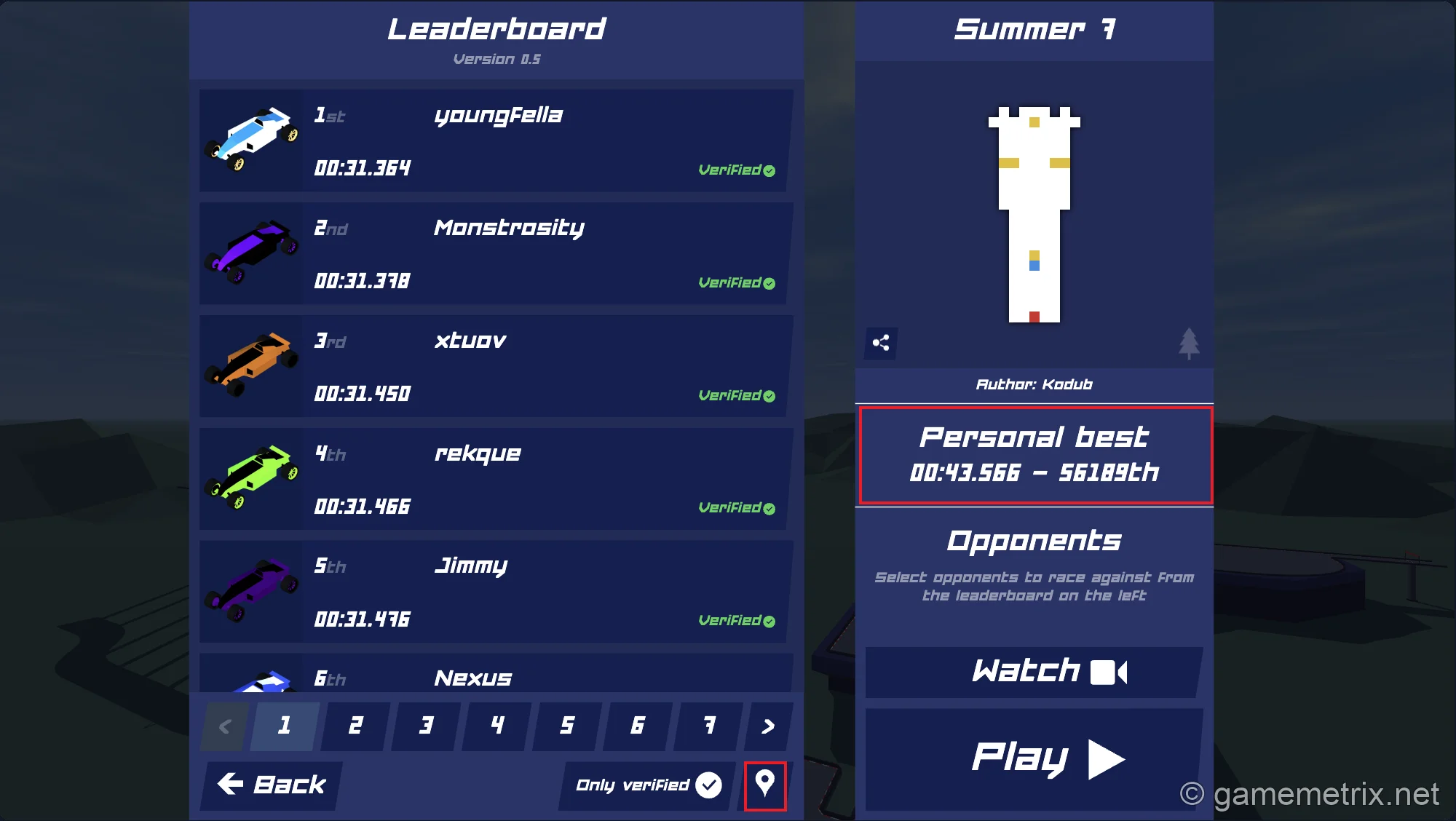 Screenshot of the PolyTrack Summer 7 leaderboard, showing a personal best time of 43.566s ranked at position 56,189.