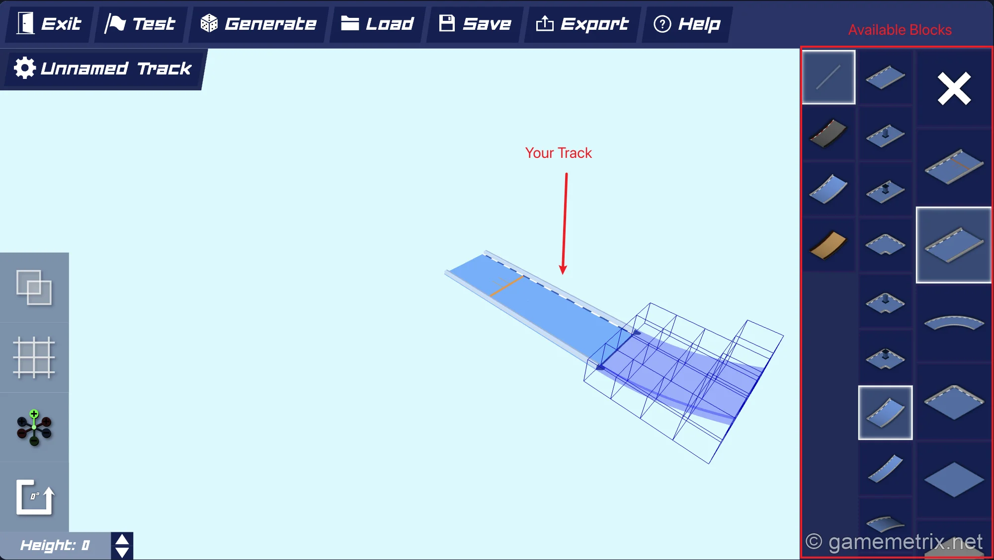 PolyTrack's track editor interface, showing a grid-based building area with various track pieces available in a side menu.